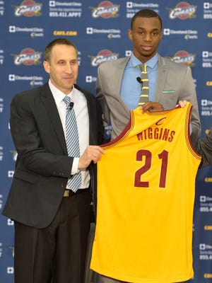 Andrew Wiggins is flanked by Cavaliers coach Dave Blatt, left, and general manager Dave Griffin.