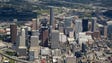 An aerial view of the downtown Houston skyline from
