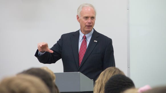 Sen. Ron Johnson speaks to students in AP United States Government and Politics class at Wauwatosa West High School in Wauwatosa, Wis.