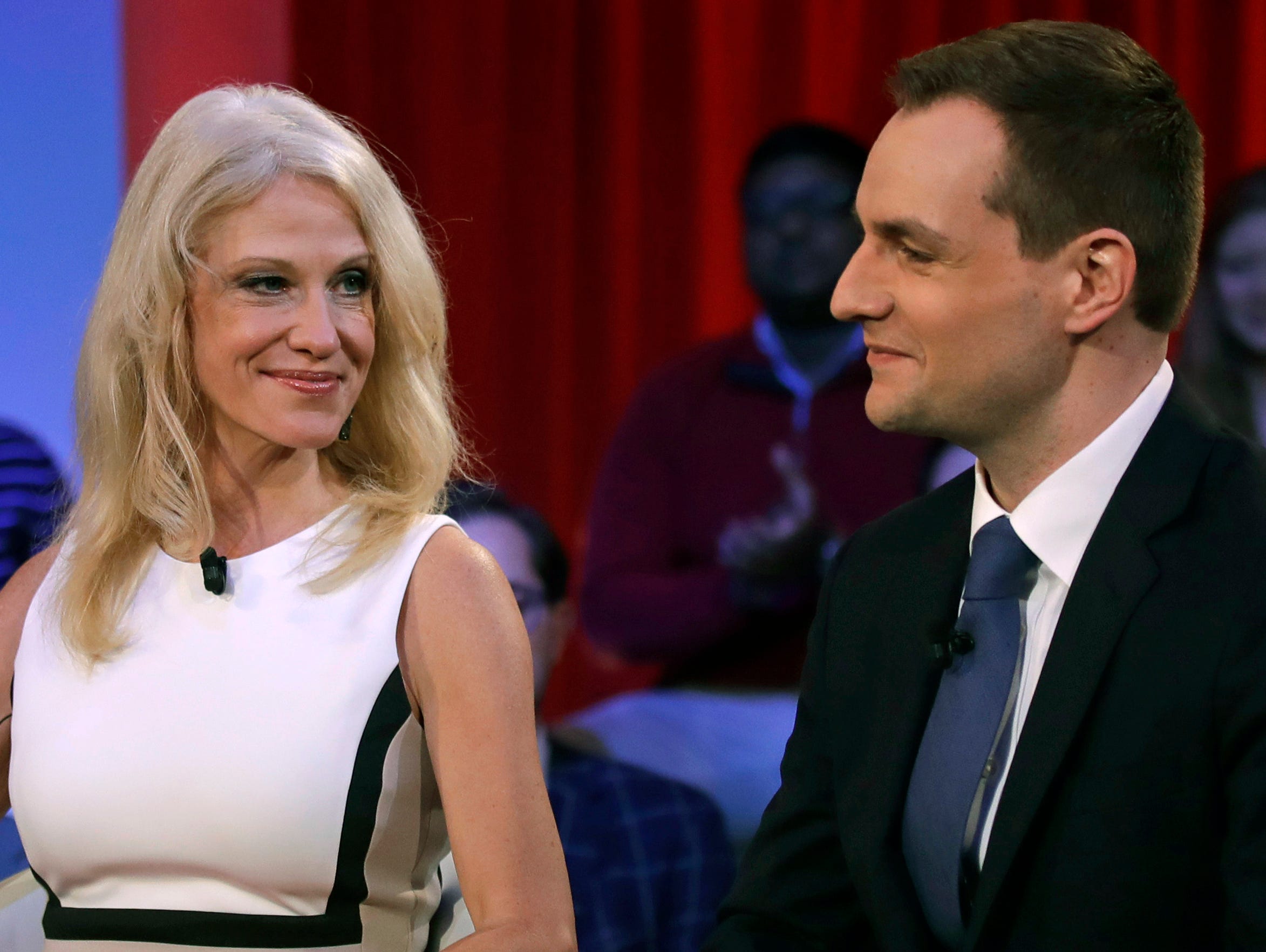 Kellyanne Conway, Trump-Pence campaign manager, left, looks towards Robby Mook, Clinton-Kaine campaign manager, prior to a forum at Harvard University's Kennedy School of Government in Cambridge, Mass., on Dec. 1, 2016.