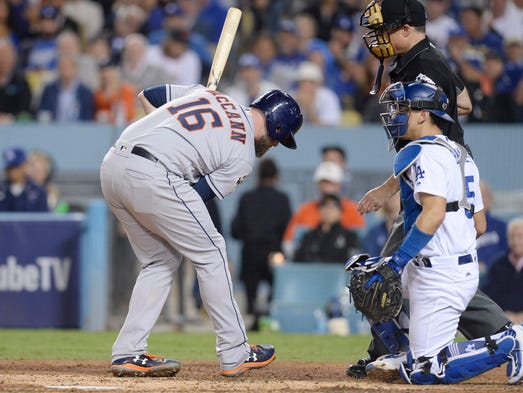 Game 6 at Dodger Stadium: Brian McCann is hit by a