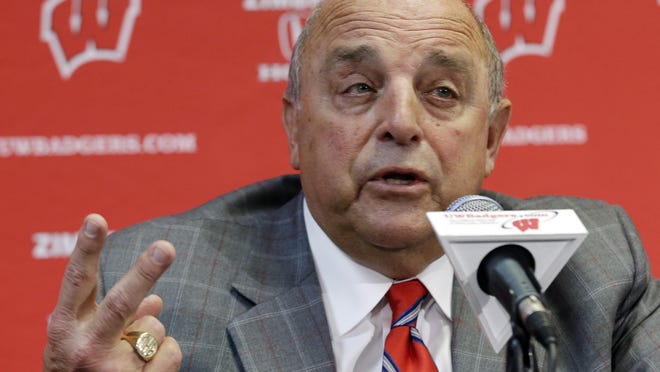 Wisconsin Athletic Director Barry Alvarez speaks at a news conference Thursday, Dec. 6, 2012, in Madison, Wis. Alvarez announced that he will coach the team in this year's Rose Bowl, replacing former football coach Bret Bielema who took a job as head coach at Arkansas.