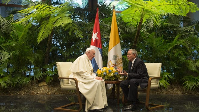 Pope Francis talks with Cuban President Raul Castro in Havana on Sept. 20, 2015.