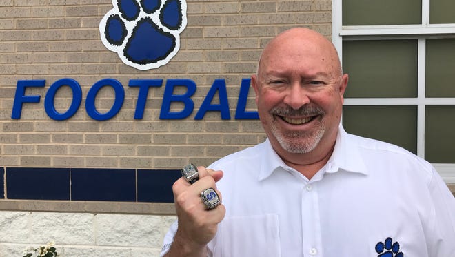 Longtime coach Randy Carr proudly wears his two state championship rings from 12 years at Sterlington every day.