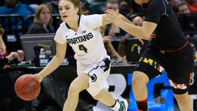 Michigan State guard Taryn McCutcheon (4) advances the basketball pursued by Maryland guard Destiny Slocum during the second half of an NCAA college basketball game in the semifinals of the Big 10 conference tournament, Friday, March 4, 2017, in Indianapolis. Maryland won 100-89. (AP Photo/R Brent Smith)