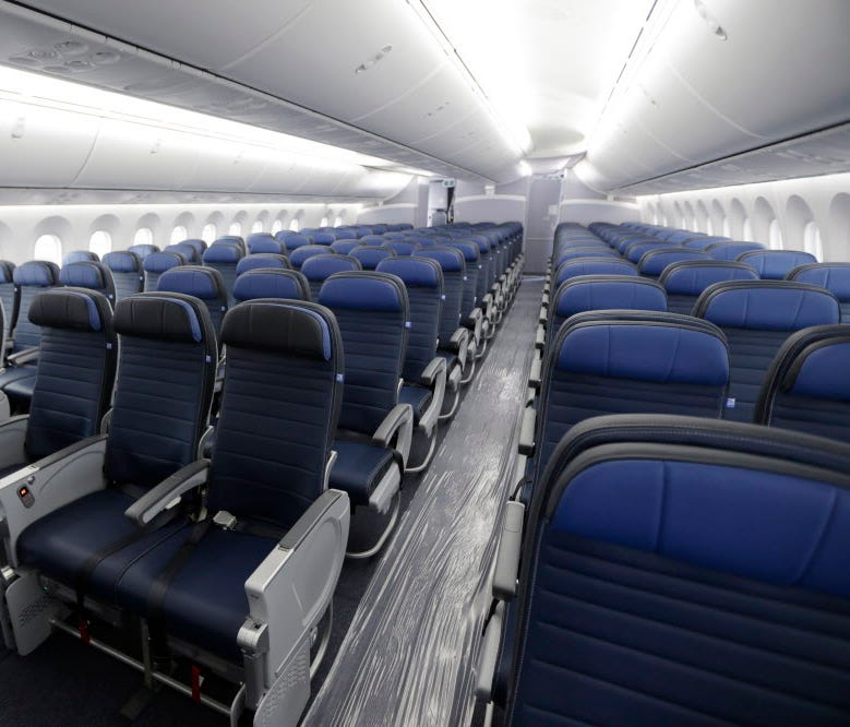 Economy class seating is shown on a new United Airlines Boeing 787-9 undergoing final configuration and maintenance work Jan. 26, 2016,at Seattle-Tacoma International Airport in Seattle.