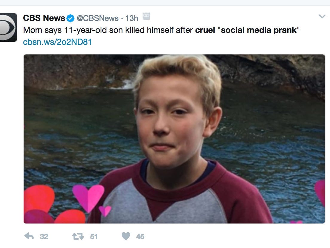 An 11-year-old Michigan boy ended his life after a twisted social media prank, according to his mother.