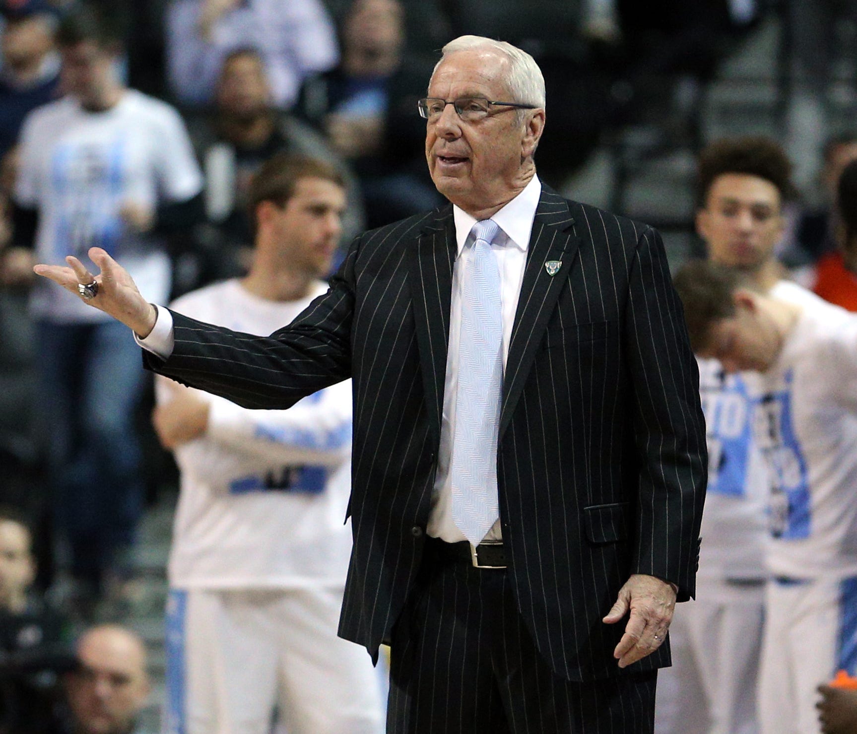 Mar 9, 2017; Brooklyn, NY, USA; North Carolina Tar Heels head coach Roy Williams coaches against the Miami Hurricanes during the first half of an ACC Conference Tournament game at Barclays Center. Mandatory Credit: Brad Penner-USA TODAY Sportsat Barc