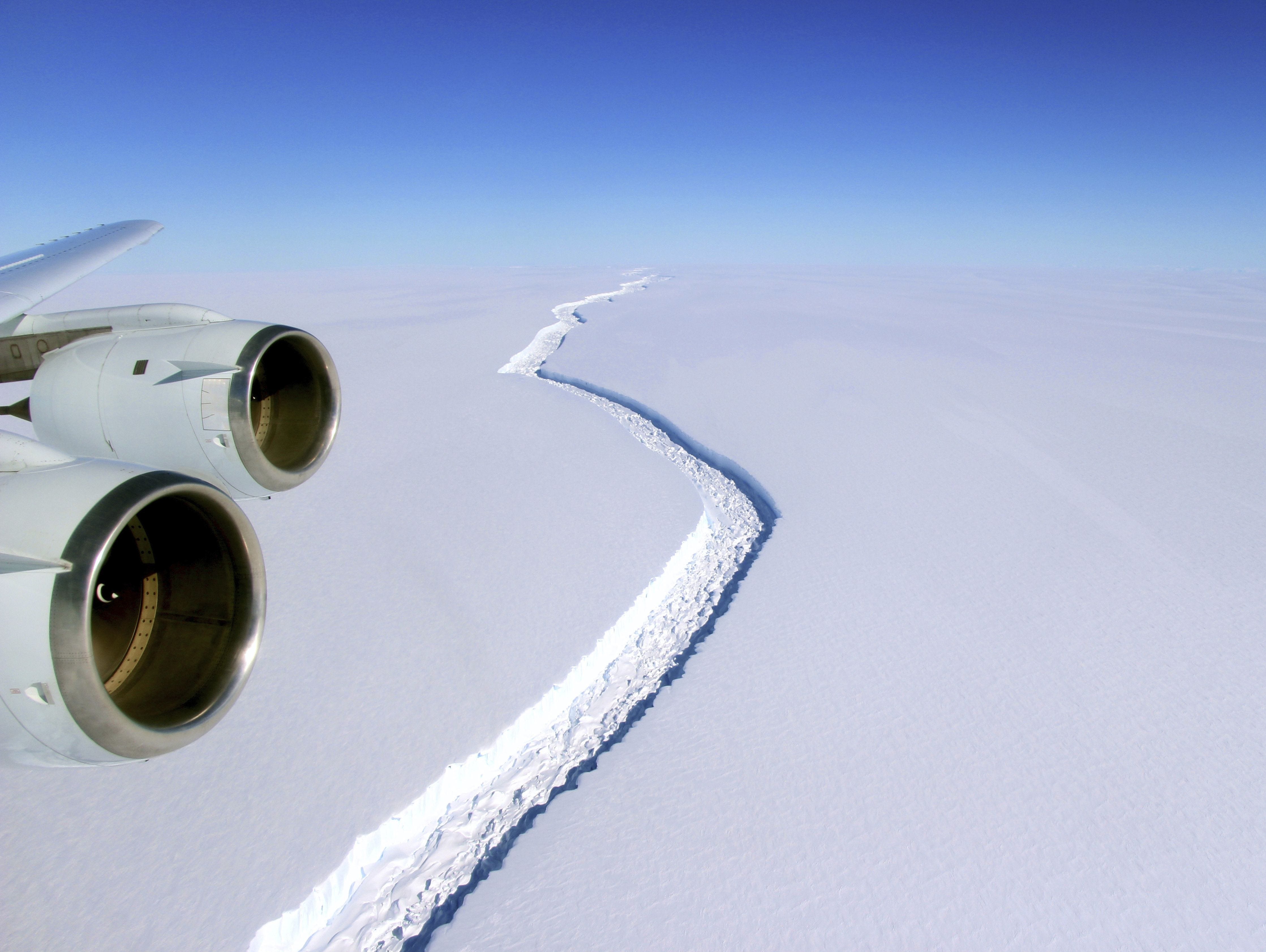 This Nov. 10, 2016, aerial photo released by NASA shows a rift in the Antarctic Peninsula's Larsen C ice shelf.