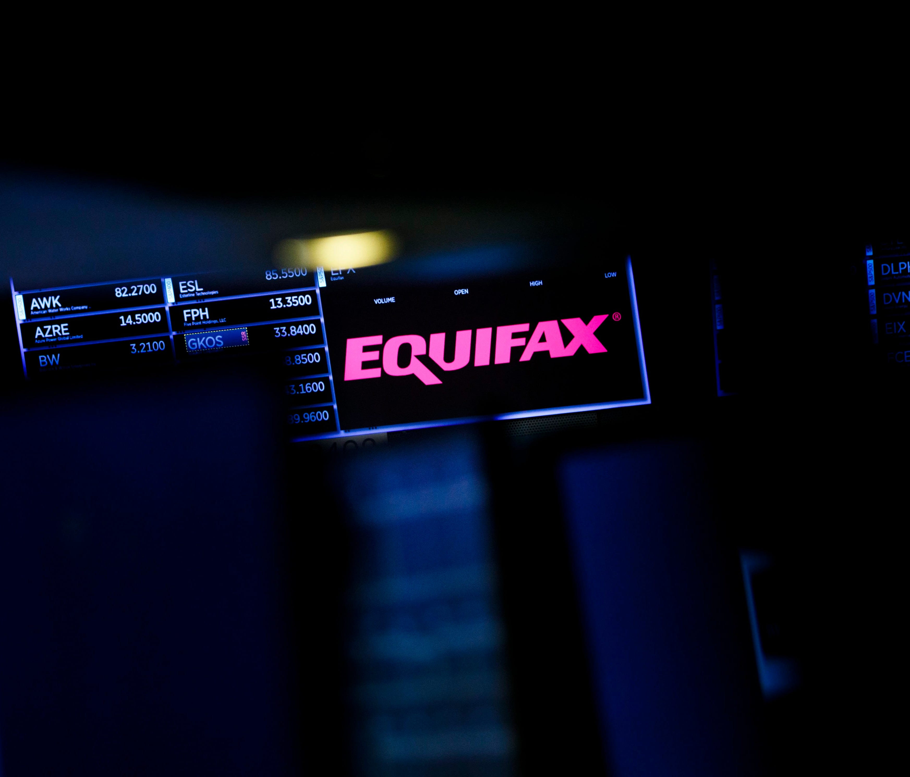 A view of a sign for the company Equifax on the floor of the New York Stock Exchange.  (EPA-EFE/JUSTIN LANE)