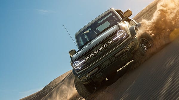 Updated Ford Bronco model driving at a slant on a 