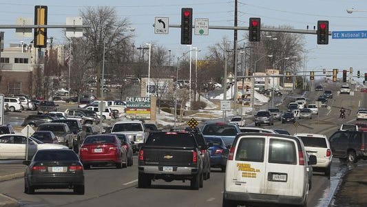Traffic travels northbound on Delaware Avenue north of Oralabor Road in February 2015.