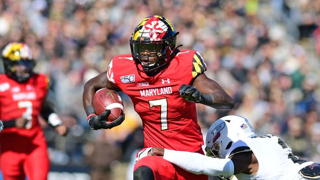 Oct 12, 2019; West Lafayette, IN, USA;    Maryland Terrapins receiver Dontay Demus Jr. (7) runs against the Purdue Boilermakers   in the first half at Ross-Ade Stadium. Mandatory Credit: Thomas J. Russo-USA TODAY Sports