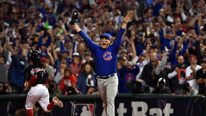 Chicago Cubs first baseman Anthony Rizzo celebrates after making the final out as the Cubs defeated the Cleveland Indians in Game 7 of the 2016 World Series at Progressive Field.