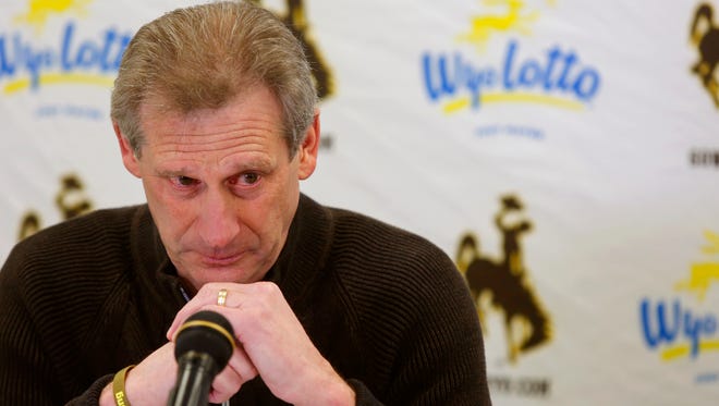 University of Wyoming men's basketball coach Larry Shyatt speaks Monday during a news conference to announce his retirement at the Arena-Auditorium in Laramie. Shyatt is stepping aside as head coach after six seasons with UW and 43 years in coaching.