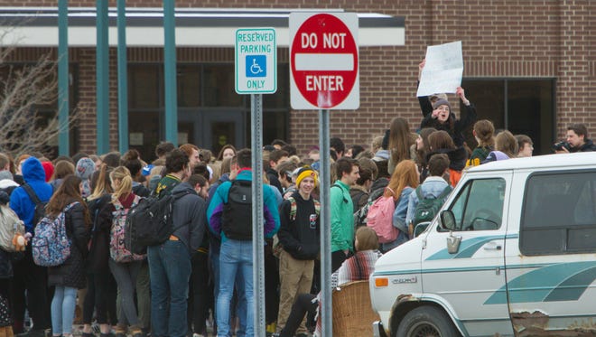 An assembly of students filed out of Howell High School starting just before 10 a.m. Wednesday, March 14, 2018, chanting “Never again” and other slogans before returning to the school at 10:17 a.m. As part of a national demonstration, the 17 minutes signify the 17 students killed in the most recent school shooting at Marjory Stoneman Douglas High School in Parkland, Fla.