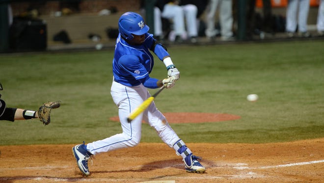 Javon Shelby hits a triple during the UK baseball game against Northern Kentucky University at Cliff Hagan Stadium in Lexington, Ky., on Tuesday, March 29th, 2016. Photo by Mike Weaver