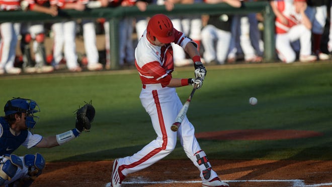 Drew Ellis gets a two run hit during the UofL baseball game against University of Kentucky at Cliff Hagan Stadium in Lexington, Ky., on Wednesday, April 13, 2016.