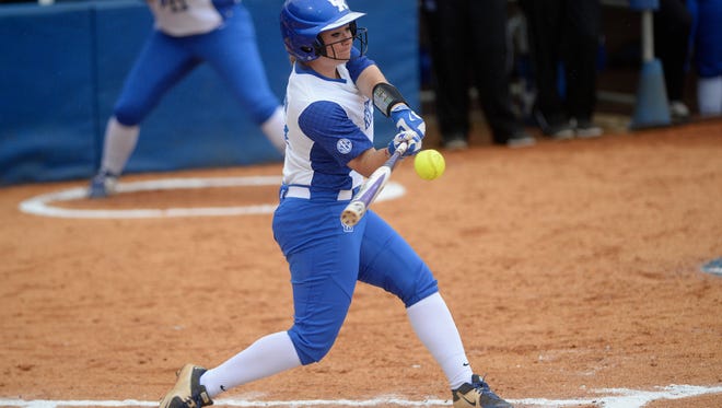 UK's Abbey Cheek hits a sacrifice fly RBI during the NCAA regional softball tournament game between University of Kentucky and  Butler University at UK's John Cropp Stadium in Lexington, Ky., on Friday, May 20, 2016. Photo by Mike Weaver