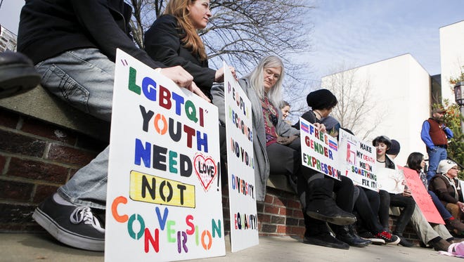 Supporters attend a Fix Society Rally held Jan. 31, 2015 at Pritchard Park in Asheville, N.C. The rally was held to raise awareness of the issues facing LGBTQ people and to honor Leelah Alcorn, a transgender teenager who committed suicide after she was placed in Conversion Therapy by her parents.