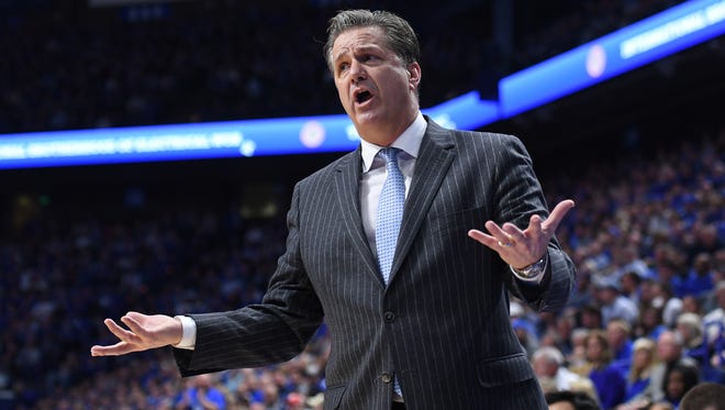 UK's head coach John Calipari questions a call during the University of Kentucky basketball game against University of Georgia at Rupp Arena in Lexington, KY on Tuesday, January 31, 2017. 