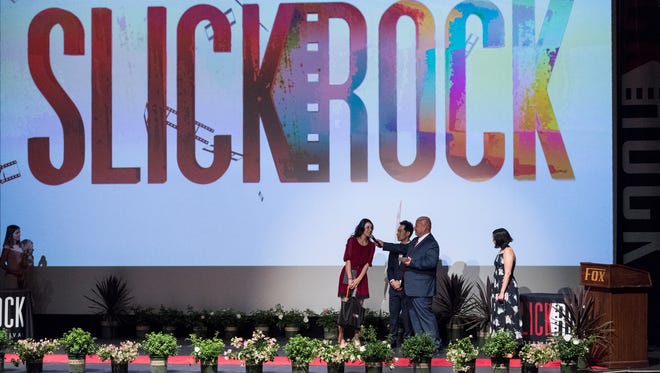 A University Preparatory High School student, left, accepts her award for best Suicide Prevention PSA during the 2017 Slick Rock Awards Ceremony at the Fox Theatre on Friday, May 12, 2017. More than 650 films were entered in 18 categories this year by middle school and high school students throughout the Central San Joaquin Valley.