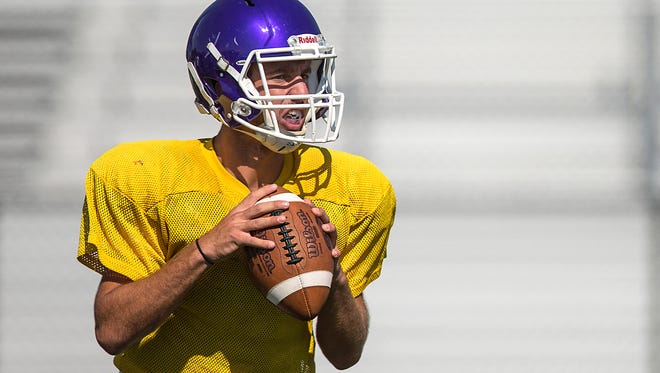 Senior Kyle Strakis prepares to make a pass during practice at Brownsburg High School, Indianapolis, Tuesday, August 8, 2017. Strakis will start as quarterback for Brownsburg High School this fall, a position previously held by 2016-2017 Mr. Football Hunter Johnson.