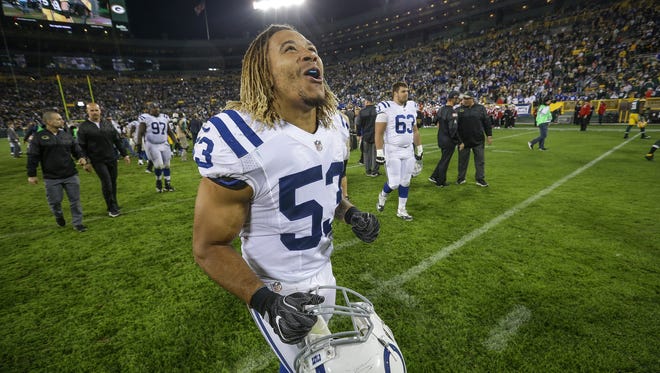 Indianapolis Colts inside linebacker Edwin Jackson (53) runs off the field after the Colts' 31-26 win over the Green Bay Packers at Lambeau Field in Green Bay, Wis., on Sunday, Nov. 6, 2016.