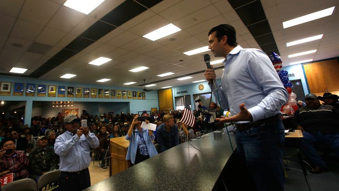 Donald Trump Jr. speaks on Friday at the Shiprock Chapter House.