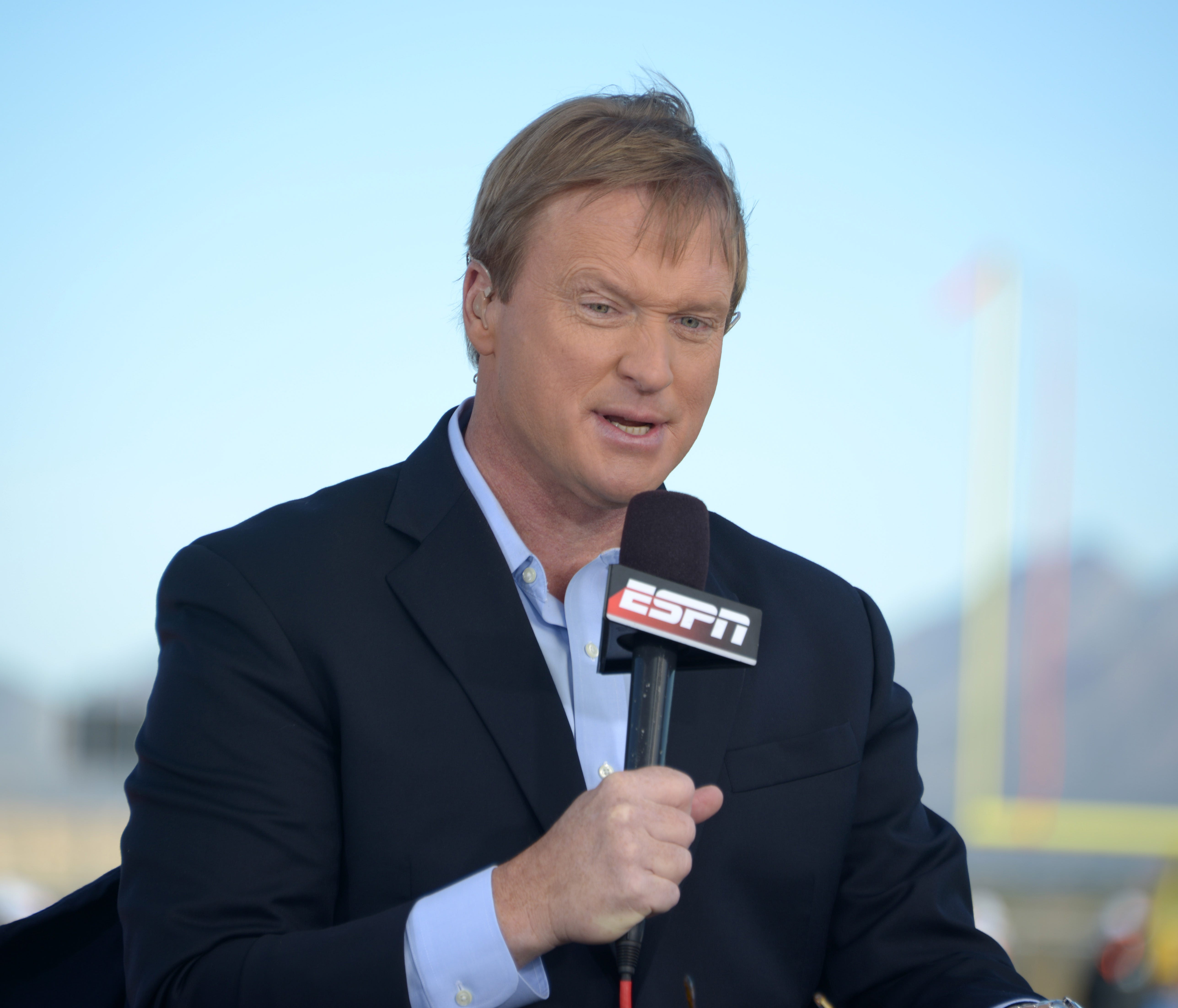 Jan 23, 2015; Scottsdale, AZ, USA; ESPN broadcaster and Tampa Bay Buccaneers and Oakland Raiders former coach Jon Gruden at Team Irvin practice at Scottsdale Community College in advance of the 2015 Pro Bowl. Mandatory Credit: Kirby Lee-USA TODAY Spo