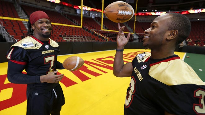 Iowa Barnstormers wide receivers Darius Reynolds (7) and Marco Thomas (3) rank third and first, respectively, in receiving in the Arena Football League.