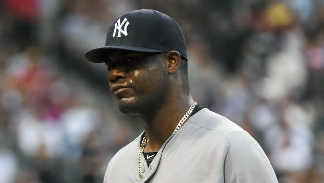New York Yankees starting pitcher Michael Pineda heads to the dugout after the second inning, in which the Chicago White Sox scored four runs in in a baseball game in Chicago on Wednesday, July 6, 2016.