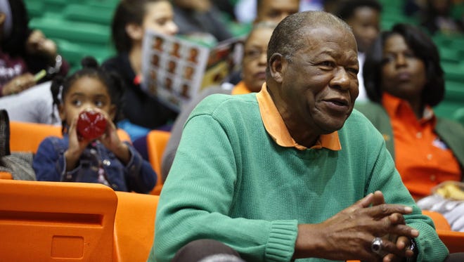 Joe Rondone/Democrat
FAMU's Athletic Director Nelson Townsend watches the men'sbasketball game against Jacksonville from the stands on Tuesday.