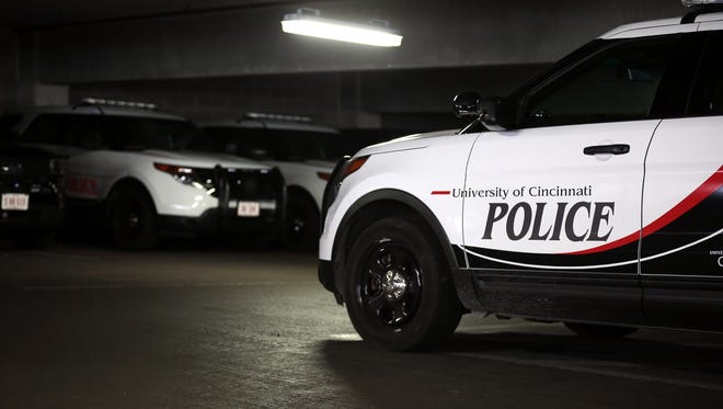 UCPD cars are parked outside the station in the Corry Garage on the University of Cincinnati campus.