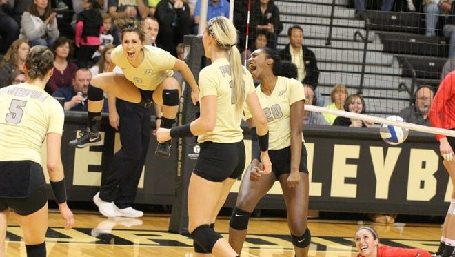 Purdue freshman Brooke Peters thinks she jumped higher celebrating her first career block than she did on the actual play.