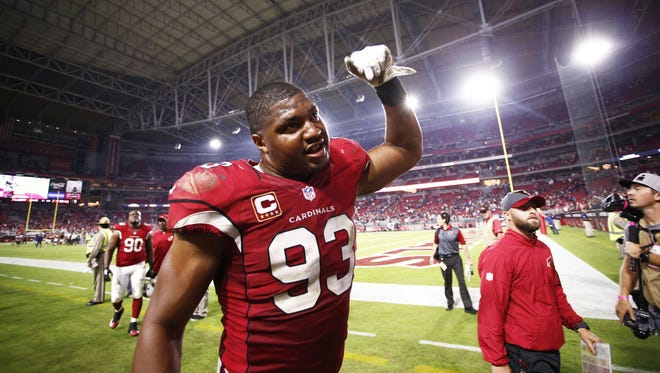 Arizona Cardinals Calais Campbell celebrates their victory over the Baltimore Ravens on Oct. 26, 2015 in Glendale, Ariz.