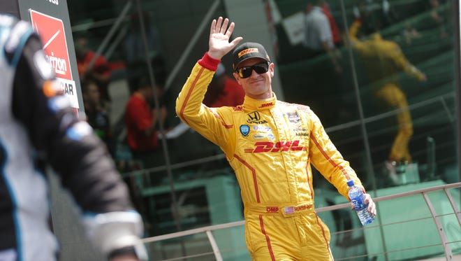 Saturday May 10th, 2014, Ryan Hunter-Rey waves to fans during driver introductions at the inaugural Grand Prix of Indianapolis at the Indianapolis Motor Speedway.