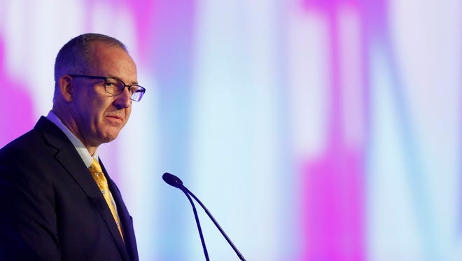 Southeastern Conference commissioner, Greg Sankey, speaks to the media at the Southeastern Conference NCAA college football media days, Monday, July 11, 2016, in Hoover, Ala. (AP Photo/Brynn Anderson)