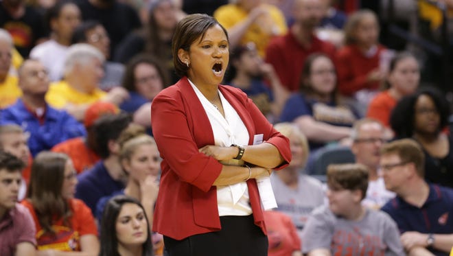 Indiana Fever Coach Pokey Chatman watches as her players line up for a free throw during a game against the Connecticut Sun at Bankers Life Fieldhouse  in Indianapolis, Saturday May 20, 2017. 