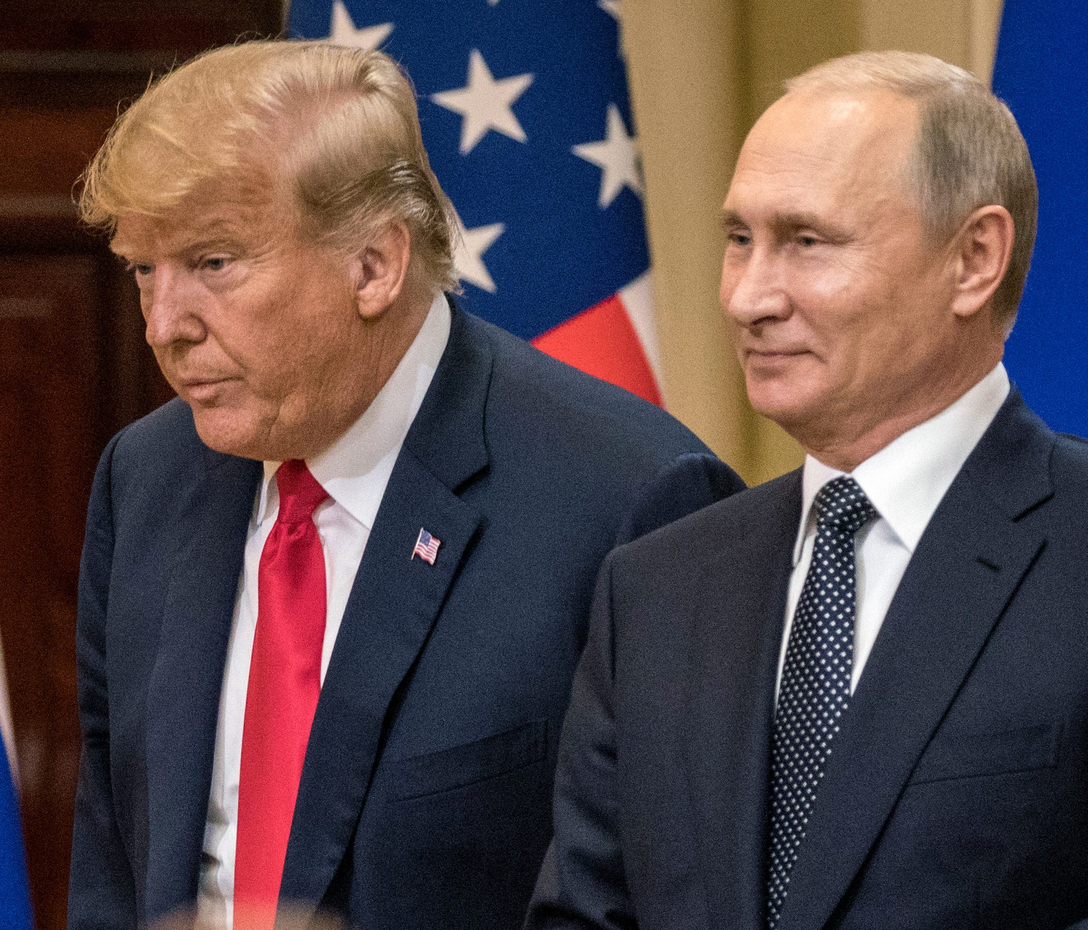 President Donald Trump and Russian President Vladimir Putin attend a joint press conference after their summit on July 16, 2018, in Helsinki, Finland.