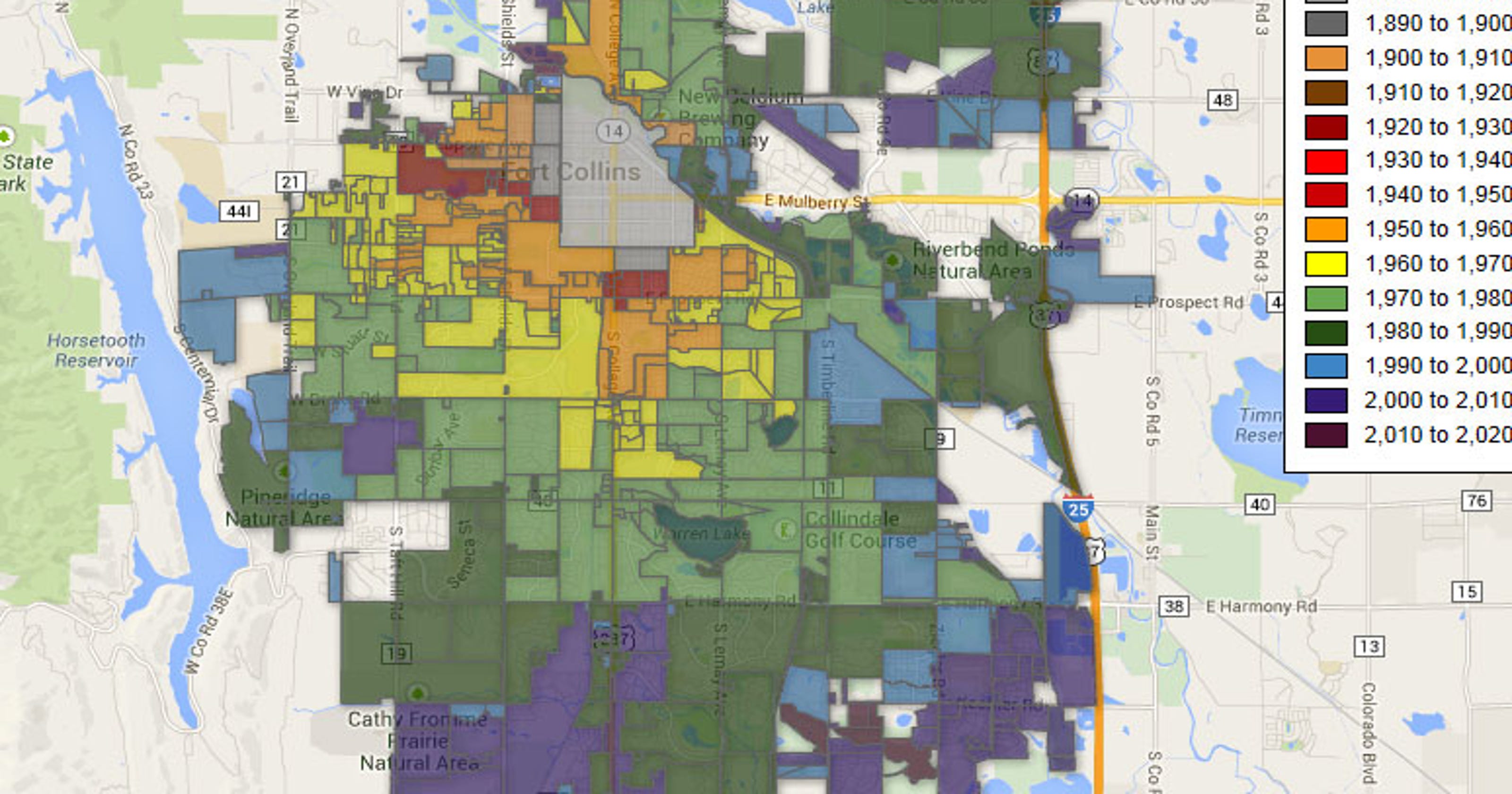 Map Fort Collins city, population growth (18702014)