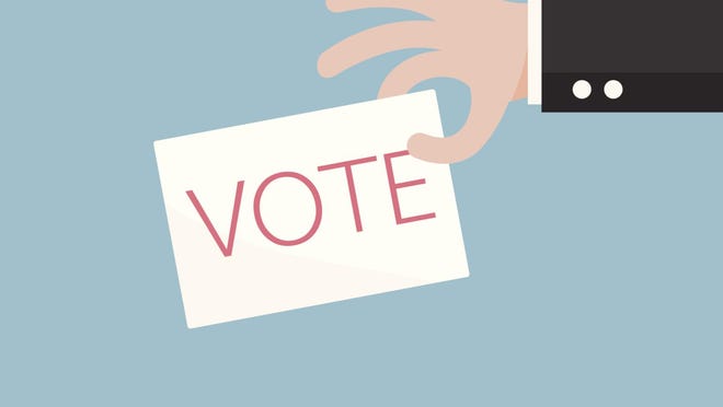 Hand of businessman vote ballot with box. Vector illustration.