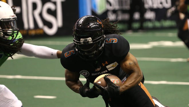 Rattlers Anthony Amos (5) scores a touchdown against the Danger during IFL conference finals at Talking Stick Resort Arena in Phoenix, Ariz. on June 24, 2017.