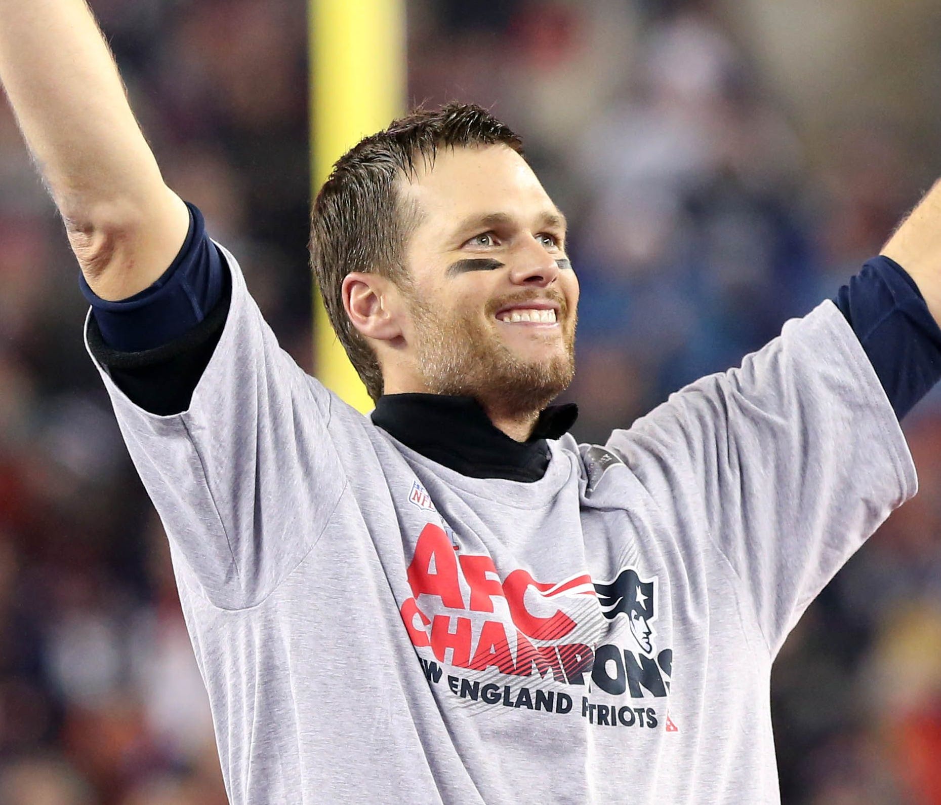 New England Patriots quarterback Tom Brady (12) celebrates after beating the Pittsburgh Steelers in the 2017 AFC Championship Game at Gillette Stadium.