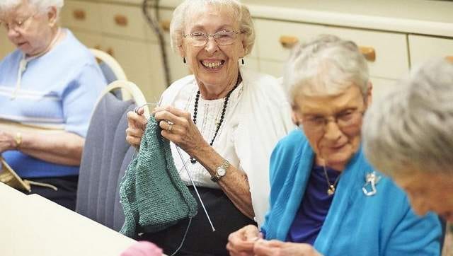 Harrogate residents work on their knitting and sewing projects for their annual donation to local Ocean County Elementary Schools.