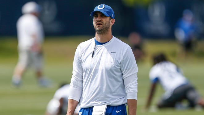Indianapolis Colts offensive coordinator Nick Sirianni during the first day of rookie camp at the Colts Complex in Indianapolis, on Friday, May 11, 2018. 
