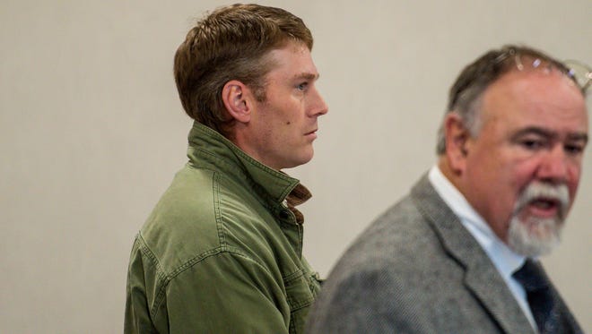 Adam Legrand appears with his lawyer Harley Brown in Vermont Superior Court in Burlington on Monday, October 31, 2016.  On Thursday, Legrand admitted using heroin in a parked car while his son watched from the back seat.