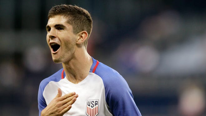 U.S. forward Christian Pulisic, 17, of Hershey reacts after scoring against Bolivia during the second half of an international friendly soccer match, Saturday, May. 28, 2016, in Kansas City, Kan.