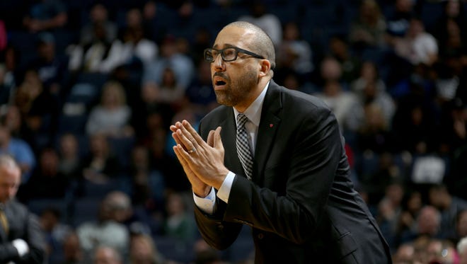 Memphis Grizzlies head coach David Fizdale pleads a call with an official against the Denver Nuggets. 