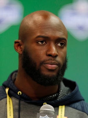 Mar 2, 2017; Indianapolis, IN, USA; LSU Tigers running back Leonard Fournette speaks during the 2017 NFL Combine at the Indiana Convention Center. Mandatory Credit: Brian Spurlock-USA TODAY Sports